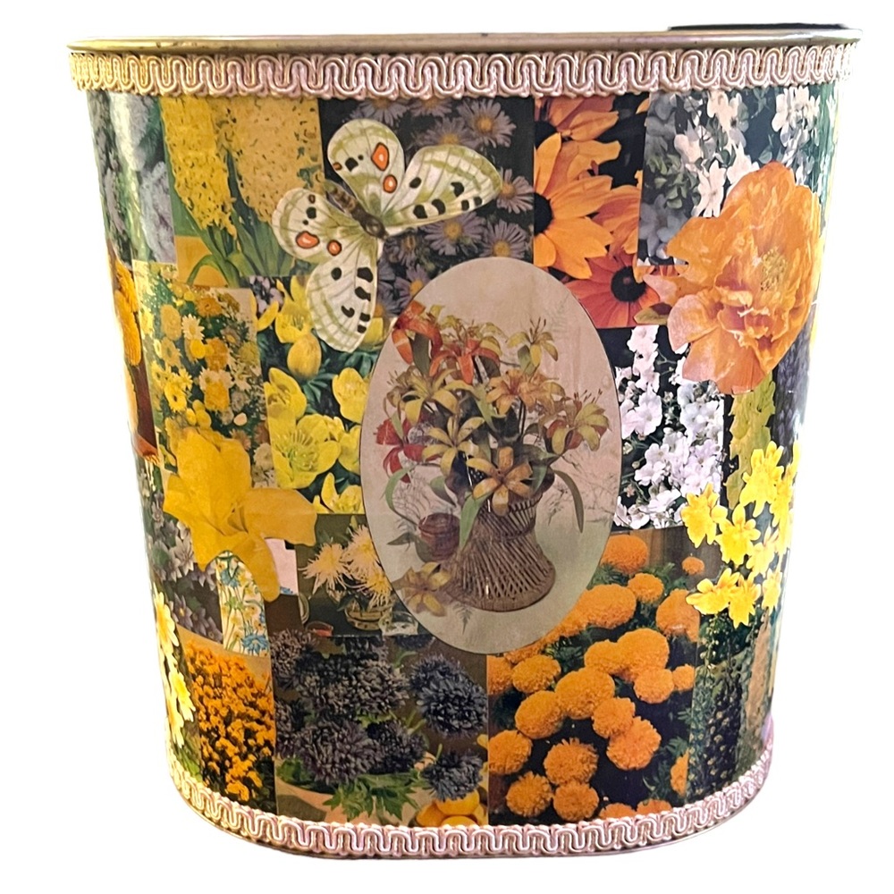 Vintage Ballonoff Floral Decoupage Print Metal Trashcan